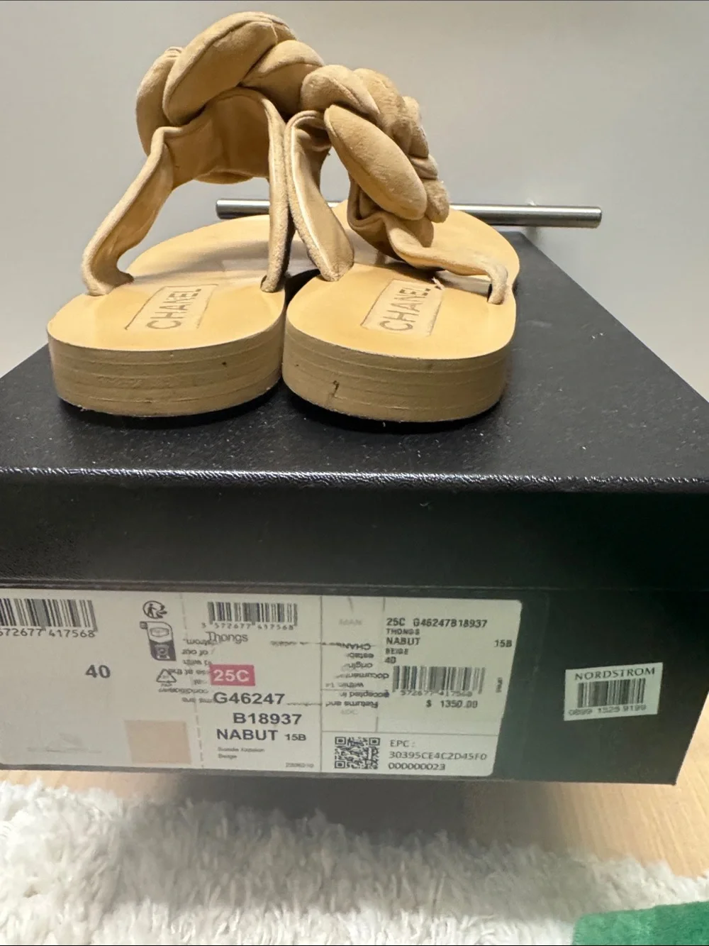 CHANEL Tan Suede Camellia Pearl Thong Sandals size 40